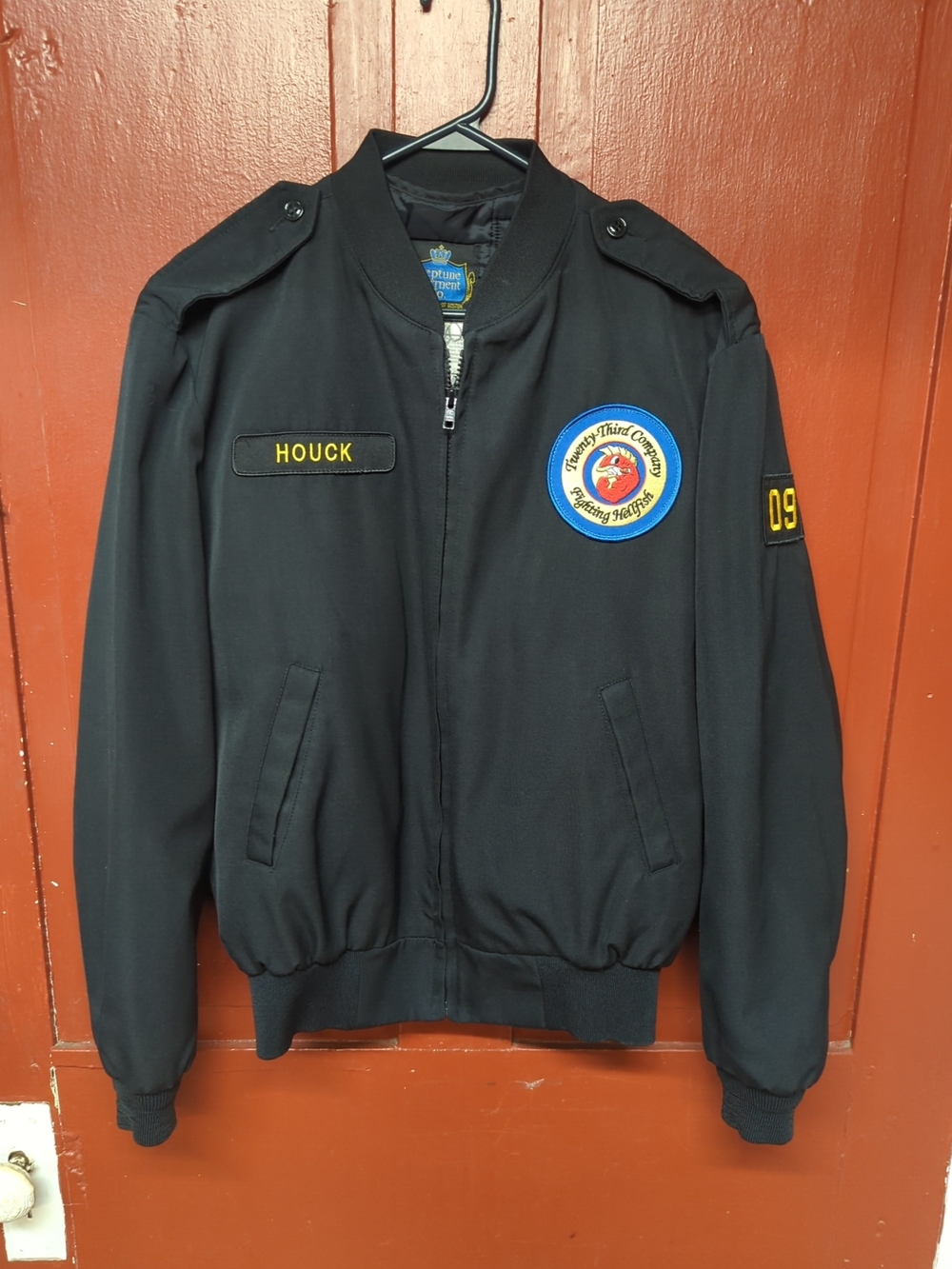 Men's Black Bomber Jacket with Crest Patch